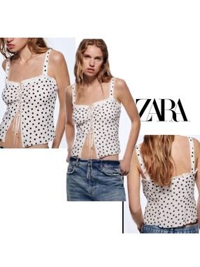 Zara studio collection white black polkadot camisole tank top lace up front Sz L